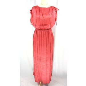Vintage Floral Jacquard Silky Short Sleeve Maxi Dress Blouson Gown Pink M 1970s